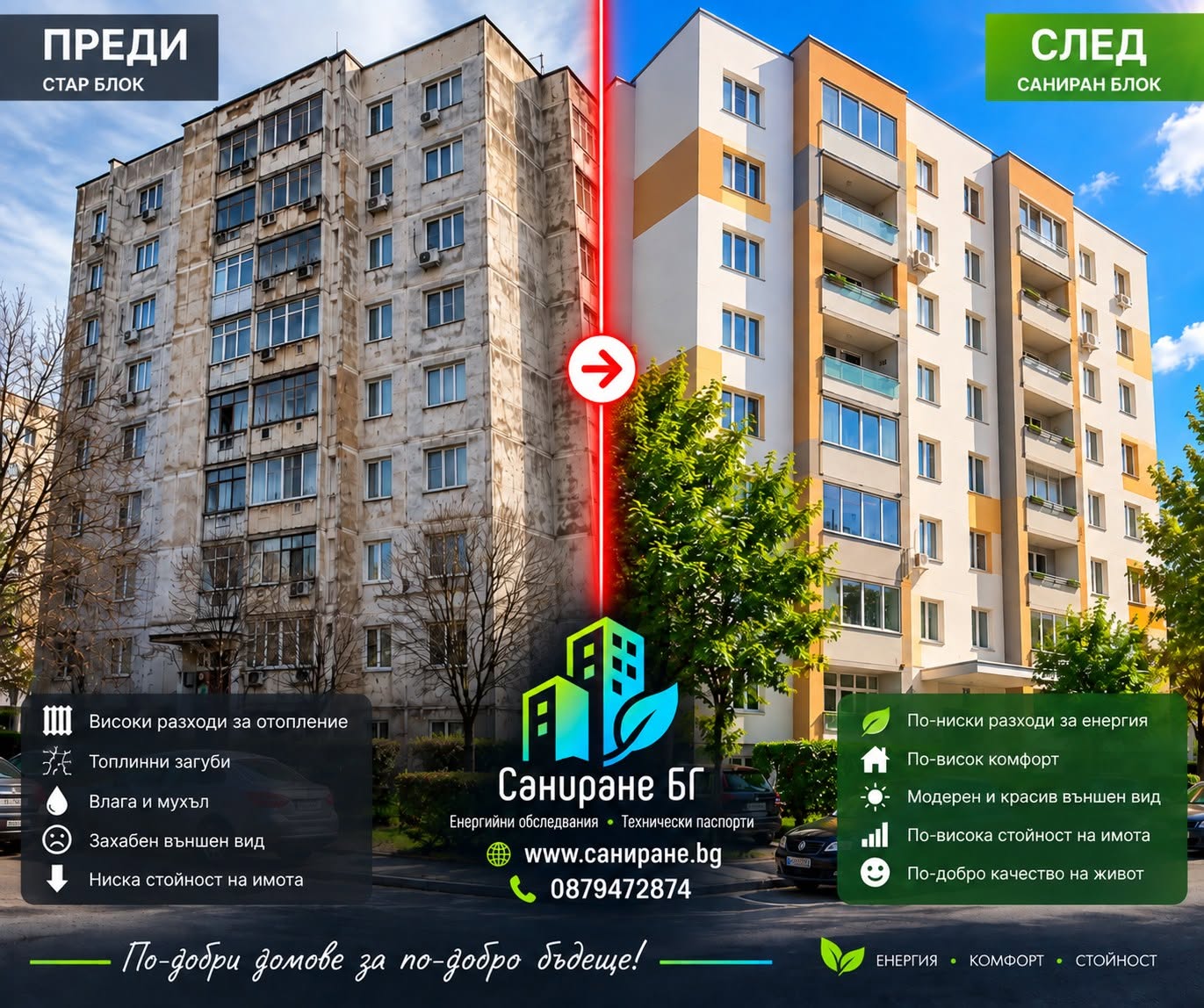 Блок преди и след саниране — сравнение на стара панелна сграда и обновена фасада
